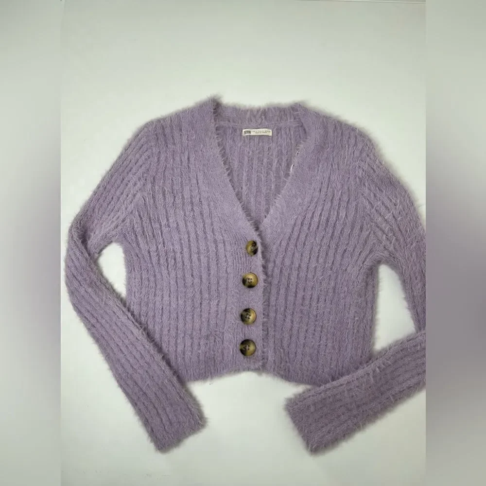 STR Purple Ribbed Cropped Cardigan Size S Lashed